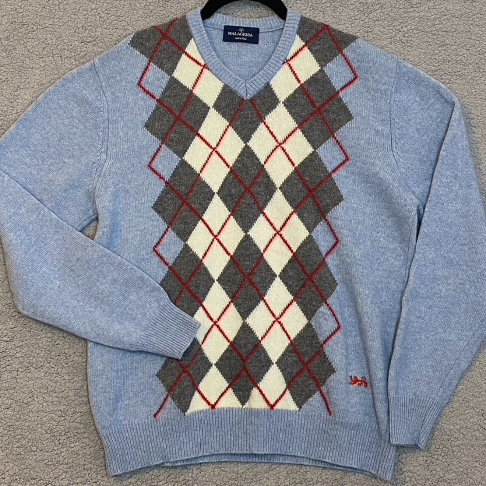 Vintage Malagrida Mens Pullover Sweater Lana Wool Blue Plaid Print